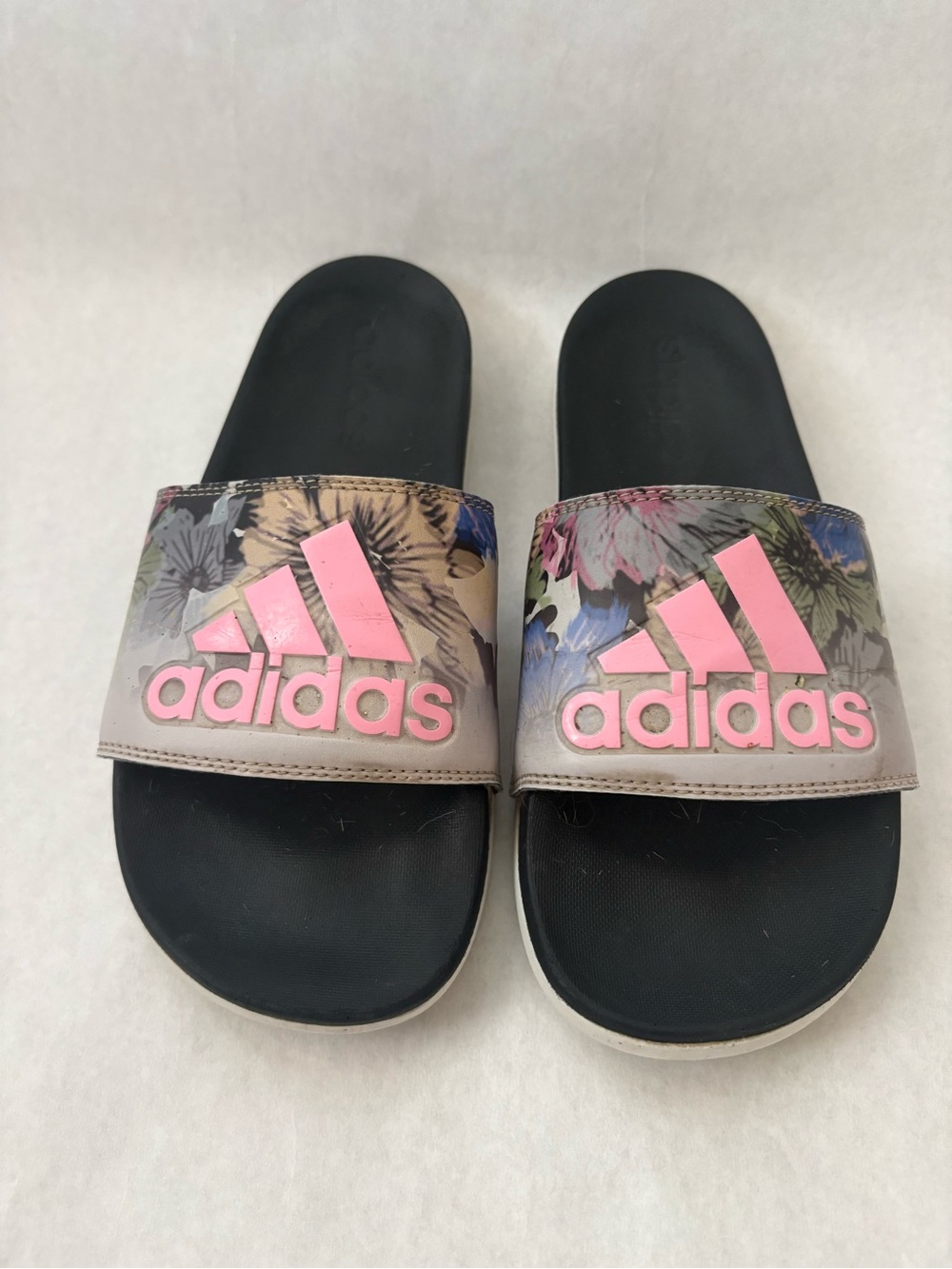 adidas Floral Slides with Pink Logo on Black Footbed